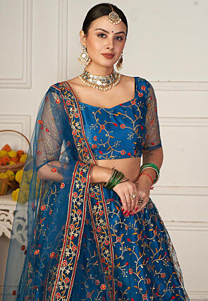 Embroidered Net Lehenga in Teal Blue