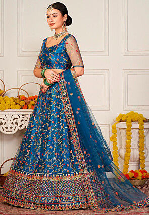 Embroidered Net Lehenga in Teal Blue