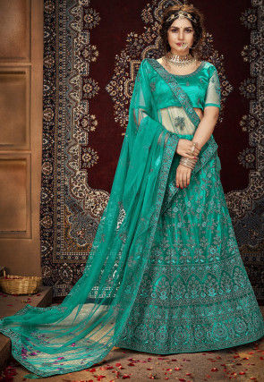 Embroidered Net Lehenga in Teal Green
