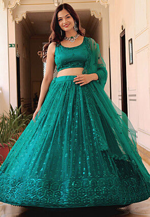 Embroidered Net Lehenga in Teal Green