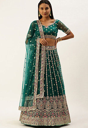 Embroidered Net Lehenga in Teal Green