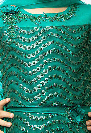 Embroidered Net Lehenga in Teal Green