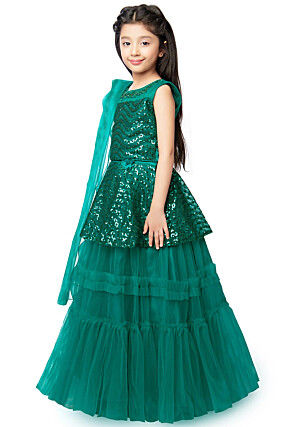 Embroidered Net Lehenga in Teal Green