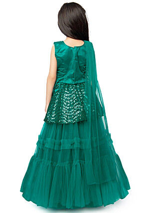 Embroidered Net Lehenga in Teal Green