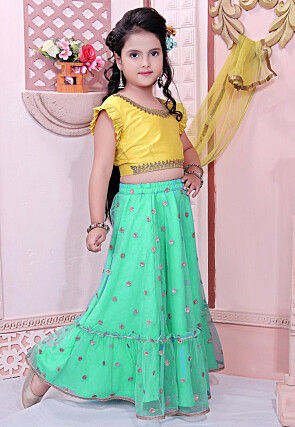 Embroidered Net Lehenga in Teal Green