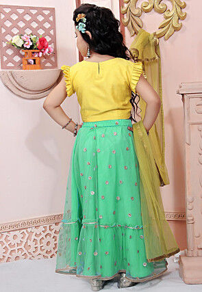 Embroidered Net Lehenga in Teal Green