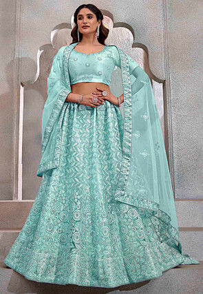 Embroidered Net Lehenga in Turquoise