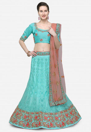 Embroidered Net Lehenga in Turquoise