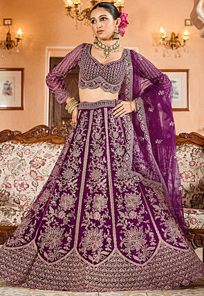 Embroidered Net Lehenga in Violet