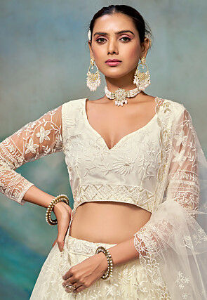 Embroidered Net Lehenga in White