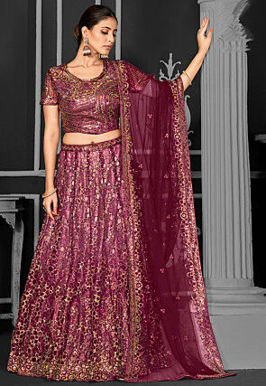 Embroidered Net Lehenga in Wine