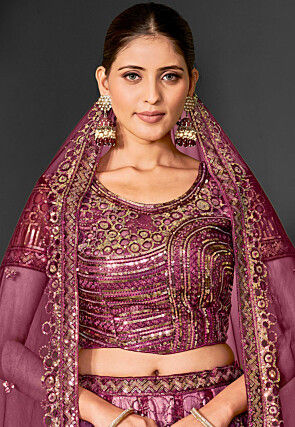 Embroidered Net Lehenga in Wine