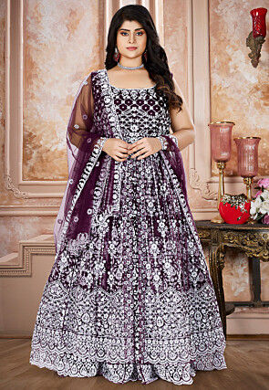 Embroidered Net Lehenga in Wine