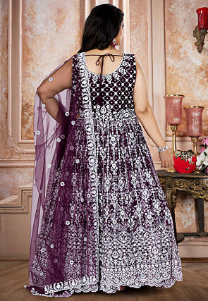 Embroidered Net Lehenga in Wine