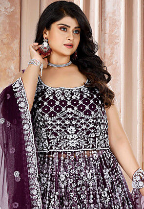 Embroidered Net Lehenga in Wine