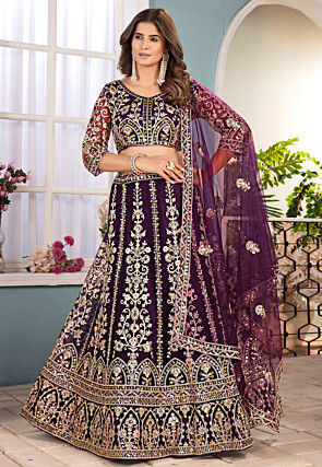 Embroidered Net Lehenga in Wine