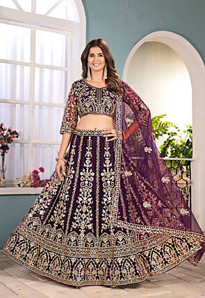 Embroidered Net Lehenga in Wine