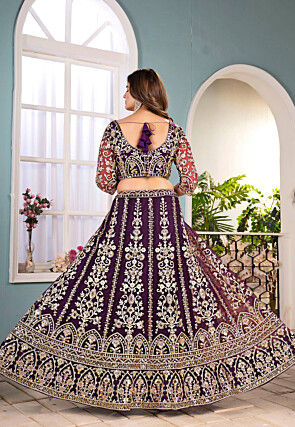 Embroidered Net Lehenga in Wine