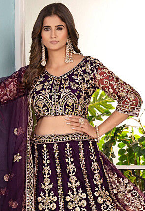 Embroidered Net Lehenga in Wine