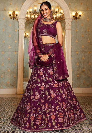 Embroidered Net Lehenga in Wine