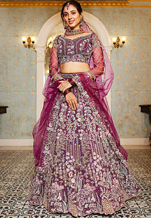 Embroidered Net Lehenga in Wine