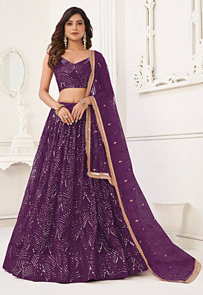 Embroidered Net Lehenga in Wine