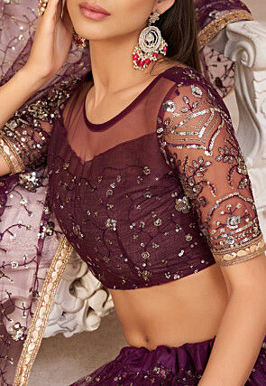 Embroidered Net Lehenga in Wine