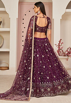 Embroidered Net Lehenga in Wine