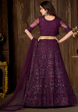Embroidered Net Lehenga in Wine