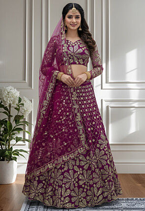 Embroidered Net Lehenga in Wine