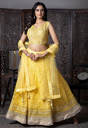 Embroidered Net Lehenga in Yellow