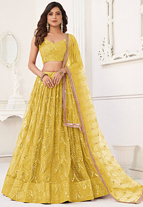 Embroidered Net Lehenga in Yellow