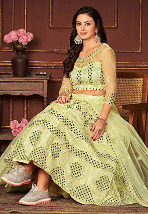 Embroidered Net Lehenga in Light Green