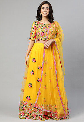 Embroidered Net Lehenga in Yellow