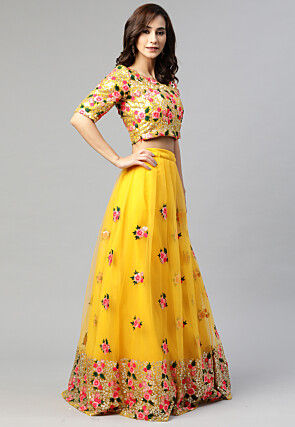 Embroidered Net Lehenga in Yellow