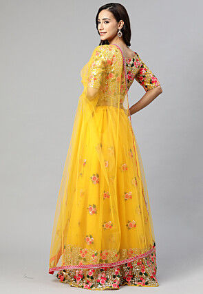 Embroidered Net Lehenga in Yellow