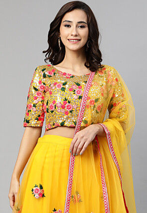 Embroidered Net Lehenga in Yellow