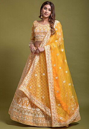 Embroidered Net Lehenga in Yellow