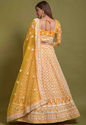 Embroidered Net Lehenga in Yellow