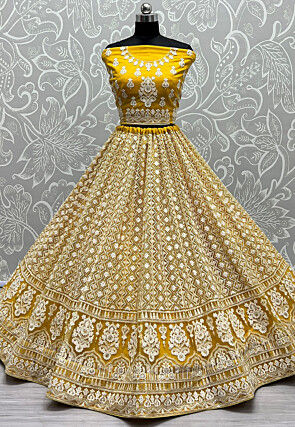 Embroidered Net Lehenga in Yellow