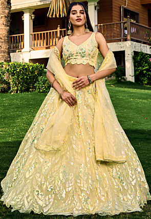 Embroidered Net Lehenga in Yellow