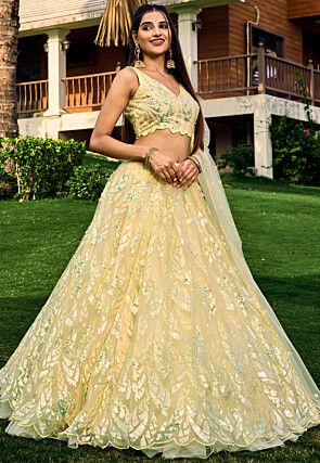 Embroidered Net Lehenga in Yellow