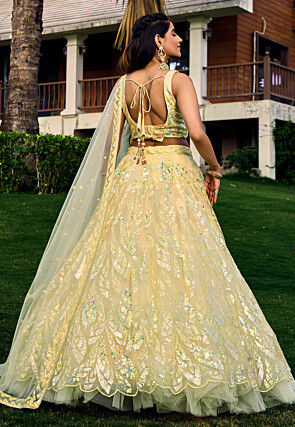 Embroidered Net Lehenga in Yellow