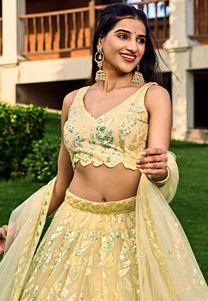 Embroidered Net Lehenga in Yellow