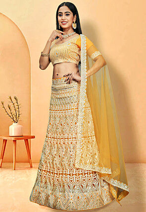 Embroidered Net Lehenga in Yellow