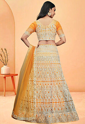 Embroidered Net Lehenga in Yellow