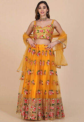 Embroidered Net Lehenga in Yellow