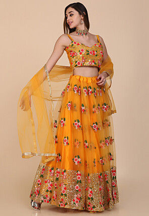 Embroidered Net Lehenga in Yellow