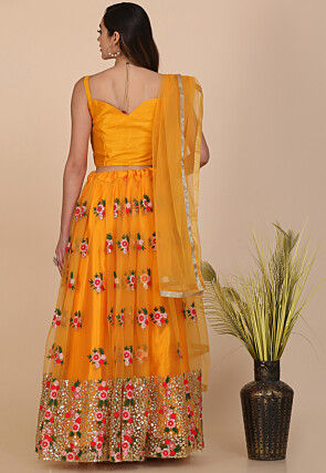 Embroidered Net Lehenga in Yellow