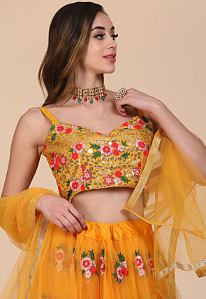 Embroidered Net Lehenga in Yellow